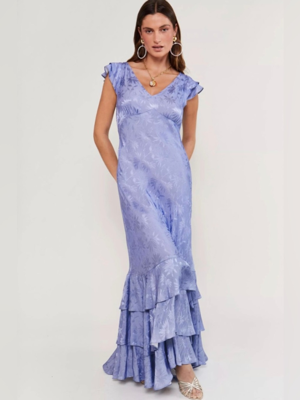 Rixo Purple Ossy V-Neck Ruffled-Hem Floral-Jacquard Satin Maxi Dress